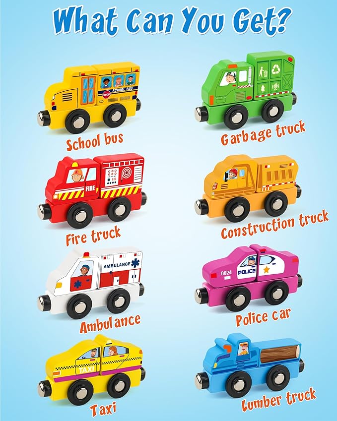 8-Piece Magnetic Wooden Train Set, Customizable City-Themed Vehicles for Kids 3+, Montessori Fine Motor Skills Educational Toy, Build Connect Explore with Endless Combinations