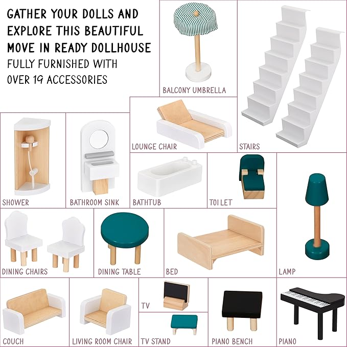 Lil' Jumbl Kids Wooden Dollhouse, 17-Piece Accessories & Furniture are Included, with Balcony & Stairs, 3 Story Easy to Assemble Doll House Toy - Green