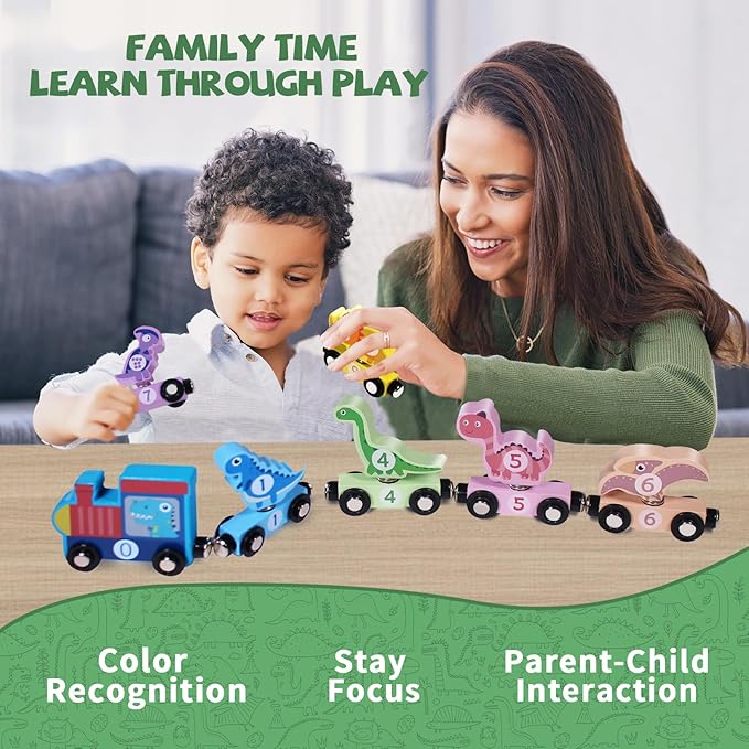 Wooden Train Set Dinosaur Toys for Kids 3-5, Magnetic Dinosaur Train Number Matching Color Sorting Sensory Toys for Toddlers, Montessori Toys for 3 4 5 Year Old Baby Girls Boys Birthday Gifts