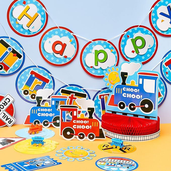 Train Birthday Party Decorations Set, Happy Birthday Banner Train Honeycomb Centerpiece, with 6 Pieces Hanging Swirl Decoration for Birthday Party Supplies Baby Shower