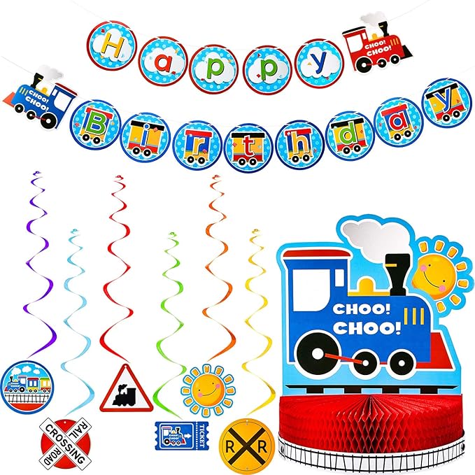 Train Birthday Party Decorations Set, Happy Birthday Banner Train Honeycomb Centerpiece, with 6 Pieces Hanging Swirl Decoration for Birthday Party Supplies Baby Shower