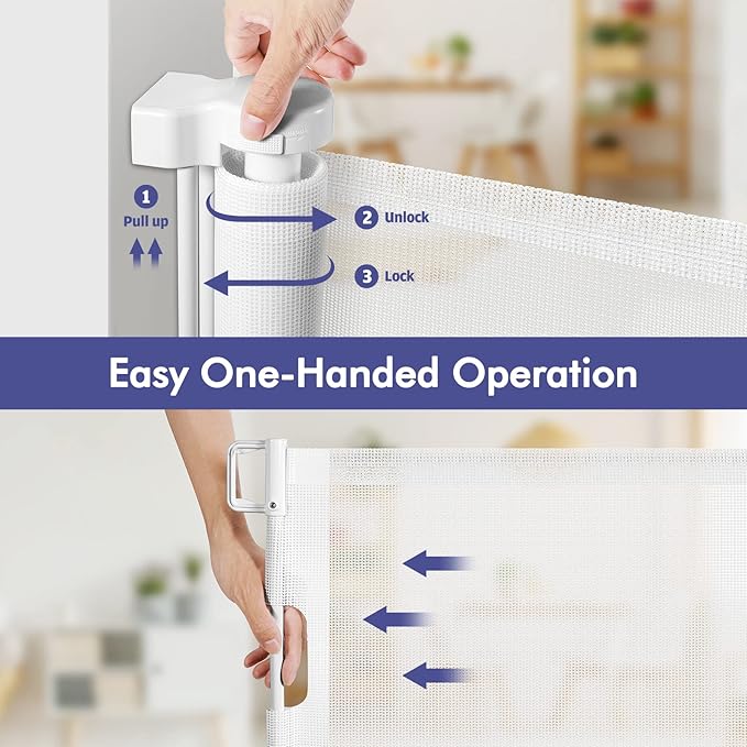 145 Inch Retractable Baby Gates Extra Wide Dog Gate for Extra Wide Openings Retractable Dog Gate Indoor Outdoor Retractable Gate Mesh Baby Gate Extra Long Baby Gate for Stairs, Doorways, White