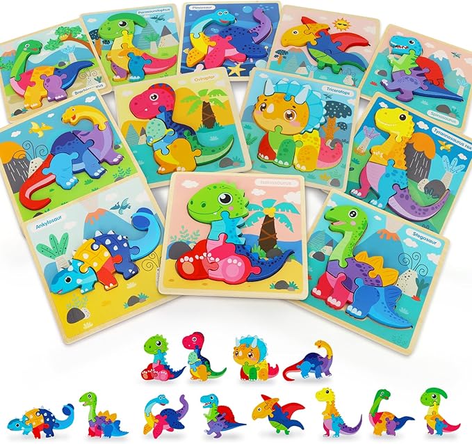 TOY Life Wooden Puzzles for Toddlers 2-4, 12 Pack Dinosaurs Puzzles for Kids Toddler 1-3, Montessori Toys for 1 2 3 Year Old, Educational Toys for Boys Girls Age 2 3 4 5, Baby Learning Toy Gifts