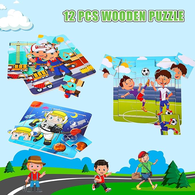 SANNIX 12 Pack Wooden Jigsaw Puzzles for Toddlers, Characters Puzzles for Kids Party Favors, Educational Puzzles Learning Travel Toy with 12 Organize Bags