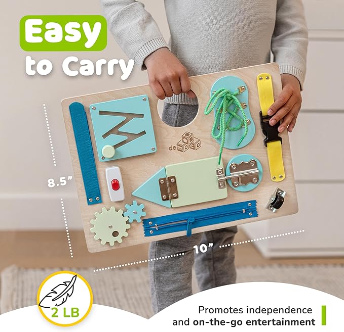 Montessori Busy Board for Toddlers, Wooden Sensory Toddler Busy Board with 10 Preschool Learning Activities for Fine Motor Skills, Activity Kids Travel Toy for Boys & Girls, Packaging May Vary