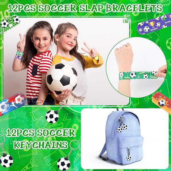 140 Pcs Soccer Party Favors Set Soccer Sticker Slap Bracelet Keychain Soccer Tattoos Soccer Fidget Toy Whistle Soccer Treat Bags with Sealing Stickers for Teens Adults Soccer Themed Party Supplies