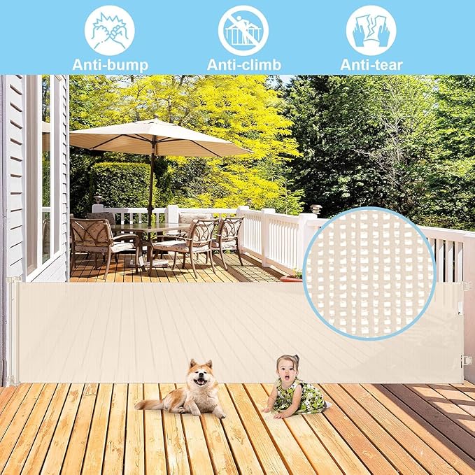 168 Inch Extra Large Baby Gates Extra Wide Retractable Baby Gates Indoor Child Gate for Wide Openings Extra Large Toddler Gate Mesh Kid Gate for Large Opening Outdoor Safety Baby Gates for Dog (Beige)