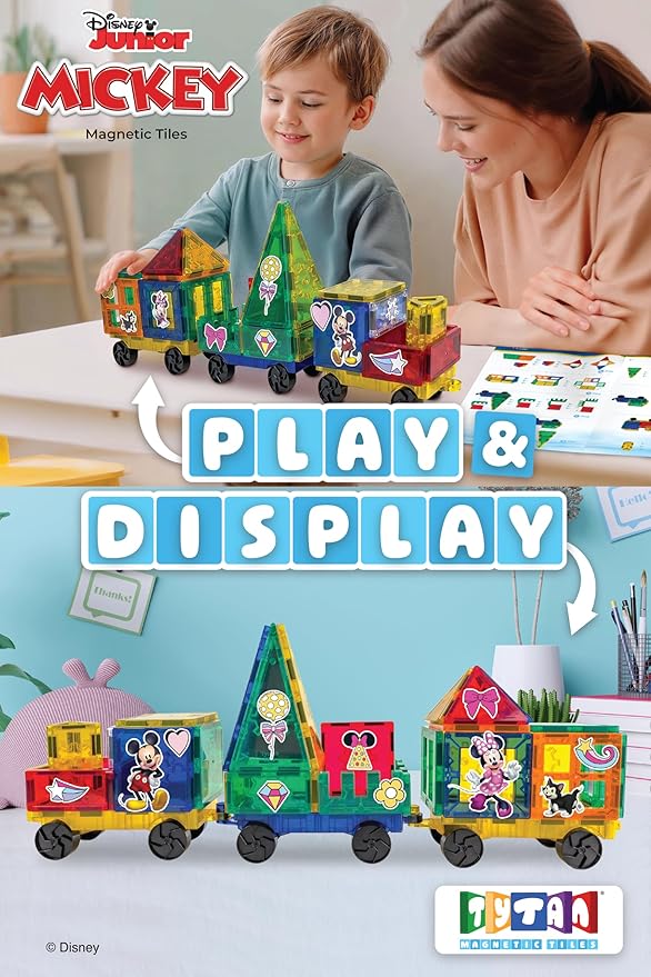 Official Disney Junior Mickey Train Magnetic Tile Set – 41-Piece STEM Building Kit with Wheeled Base Cars, Reusable Stickers & Learning Workbook – Educational Toy for Kids Ages 3+