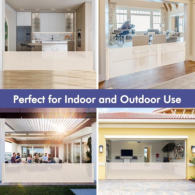 145 Inch Retractable Baby Gates Extra Wide Retractable Dog Gate for Large Openings – Indoor Extra Long Baby Gate Retractable Fence Outdoor Mesh Baby Gate Retractable Pet Gate Long Dog Gate, Beige