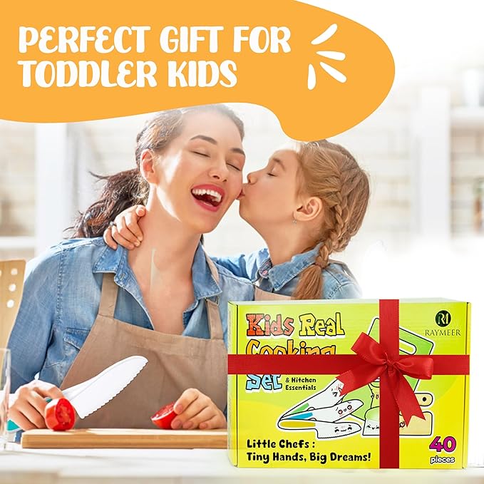 40Pcs Kids Knife set for Real Cooking - Montessori Kitchen Tools for Toddlers - Safe Kitchen Tools and Accessories with Recipes Book, Cutting Board and Knife set - Kids Knives and Cooking Utensils Kit