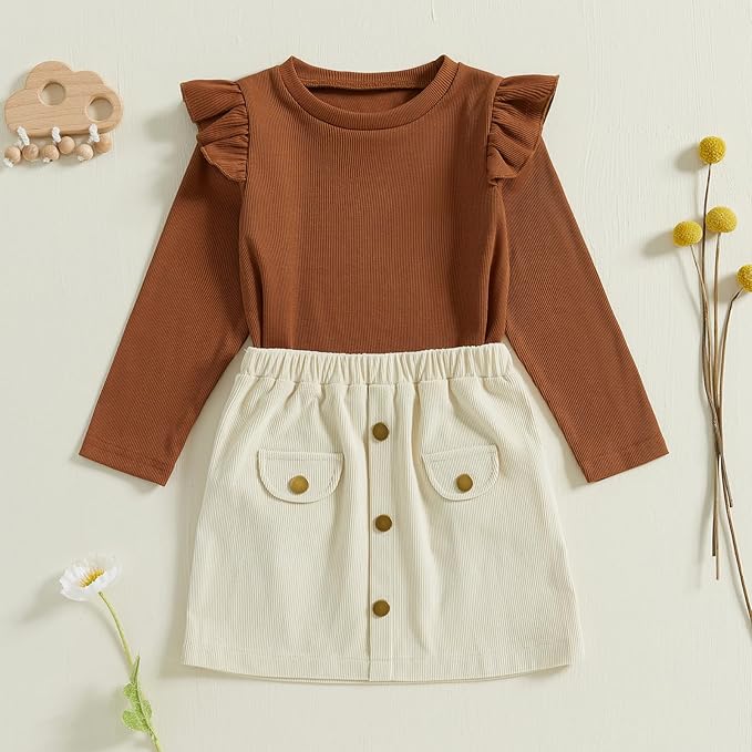 Fernvia Toddler Baby Girl Fall Winter Skirt Set Turtleneck Ribbed Long Sleeve T-Shirt Top & Plaid Skirts Dress 2Pcs Outfits