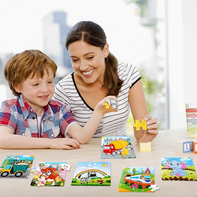 SANNIX 12 Pack Wooden Jigsaw Puzzles for Toddlers 3 4 5 Years Old, Party Favors Animals Jigsaw for Kids, Transportation Educational Puzzles Travel Toy with 12 Organize Bags