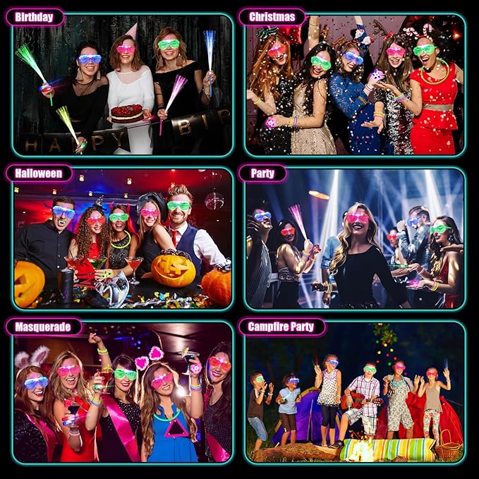 162PCS Glow in the Dark Party Supplies, Light Up Party Favors with 14 LED Glasses,14 Fiber Optic Wands, 6 Gyro Rings, 28 Finger Lights,100 Glow Sticks for Kids Adults Neon Party Decorations