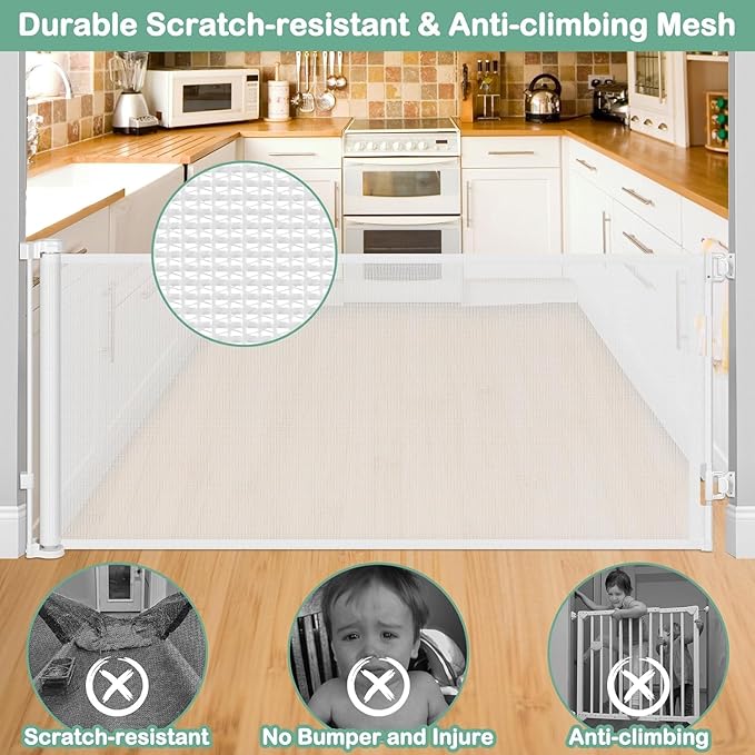 55 Inch Retractable Baby Gates for Dogs Indoor Retractable Dog Gates for The House Retractable Gate for Kids Outdoor Dog Gate for Decks Pet Gate for Stair Deck Gate Child Gate for Doorways (White)