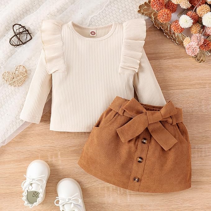 Fernvia Toddler Baby Girl Fall Winter Skirt Set Turtleneck Ribbed Long Sleeve T-Shirt Top & Plaid Skirts Dress 2Pcs Outfits
