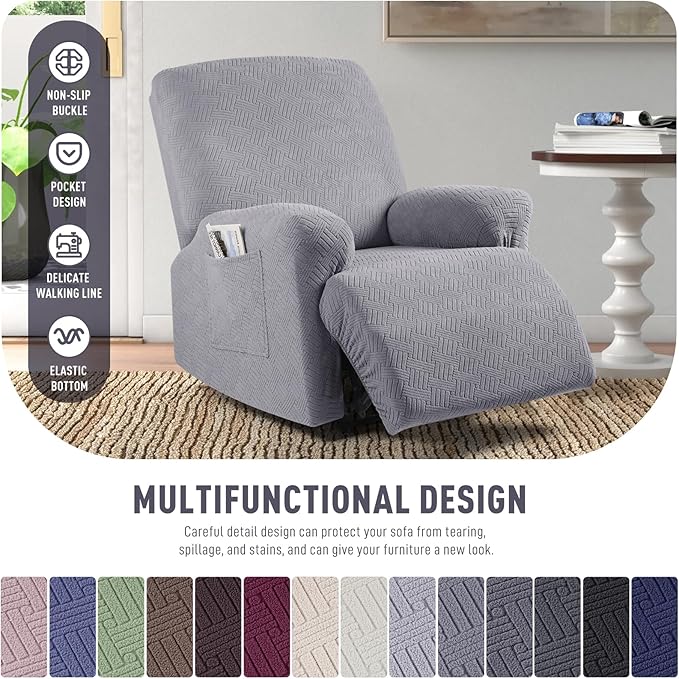 KinCam Recliner Covers, Stretch Reclining Chair Covers, Recliner Sofa Slipcovers Stripe Jacquard Recliner Couch Covers Furniture Protector Covers for Pet Kid (1 XL Seater, Light Gray)