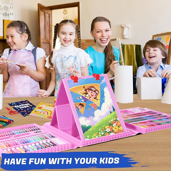 All in One Art Supplies, Art Kit Includes Easel, Origami Paper, Colored Pencils, Crayons, Drawing Book, Coloring Book, Watercolor Pens, Markers and Oil Pastels, Gifts for Girls Boys Teens, Pink