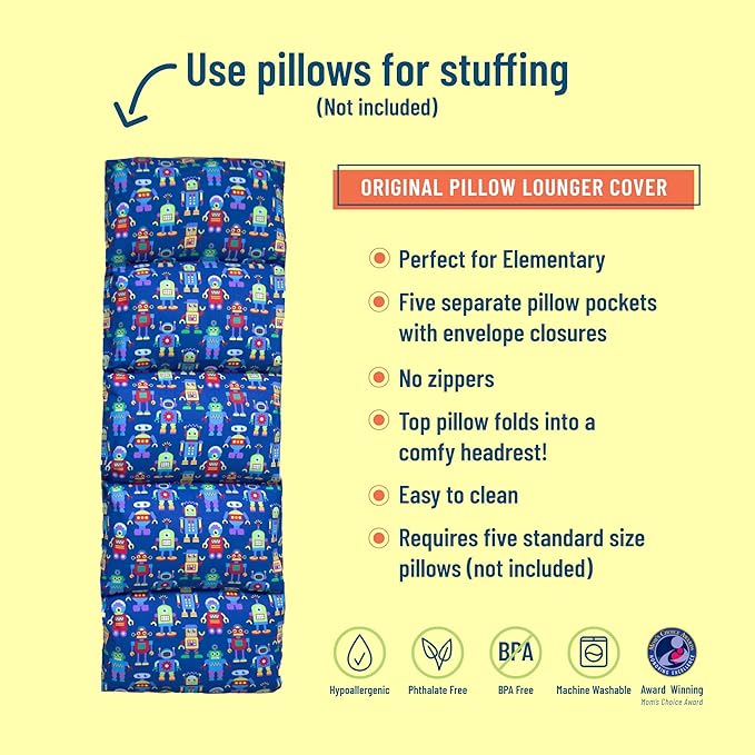Wildkin Kids Floor Lounger: Ideal for Boys and Girls, Travel-Friendly, Perfect for Sleepovers - Pillow Lounger for Kids, Requires Standard Size Pillows Not Included (Robots)