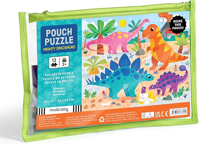 Mudpuppy Mighty Dinosaurs β 12 Piece Puzzle with Reusable Zipper Pouch Featuring Colorful and Fun Illustrations of Prehistoric Dinosaurs Perfect for Easy Storage and Travel