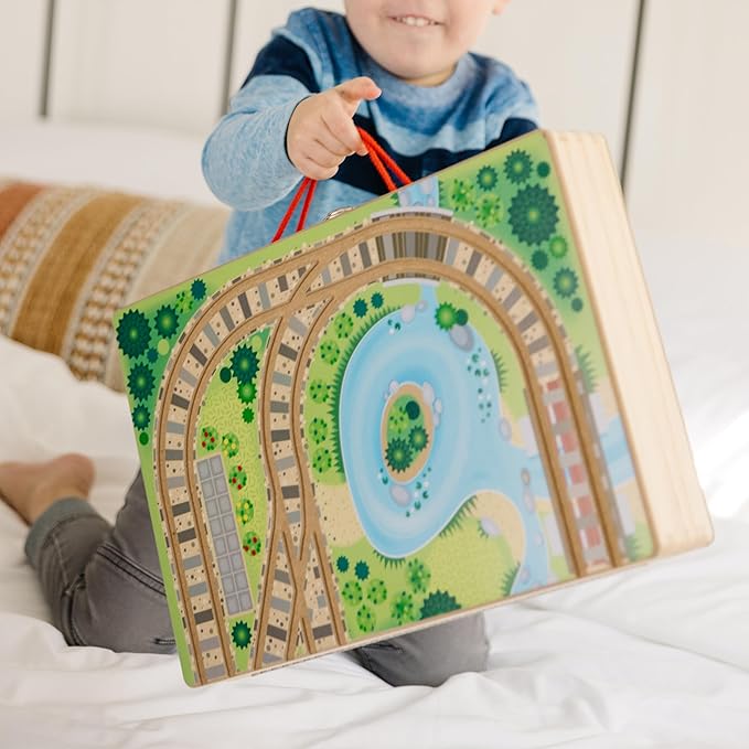 Melissa & Doug 17-Piece Wooden Take-Along Tabletop Railroad, 3 Trains, Truck, Play Pieces, Bridge - FSC Certified