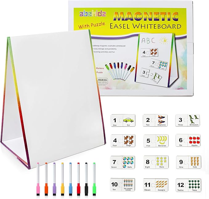 Kids Self-Standing Double-Sided Tabletop Magnetic Easel Dry Erase White Board. Includes 8 Dry Erase Markers + Educational Magnetic Numbers Puzzle (Easel + Puzzle)