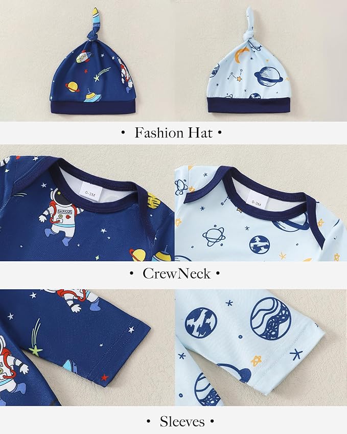 Newborn Baby Boy Clothes Infant Boys Outfits Romper 2-Pack Cute Baby Boy Pants Set Hat 0 3 6 9 12 18 Months