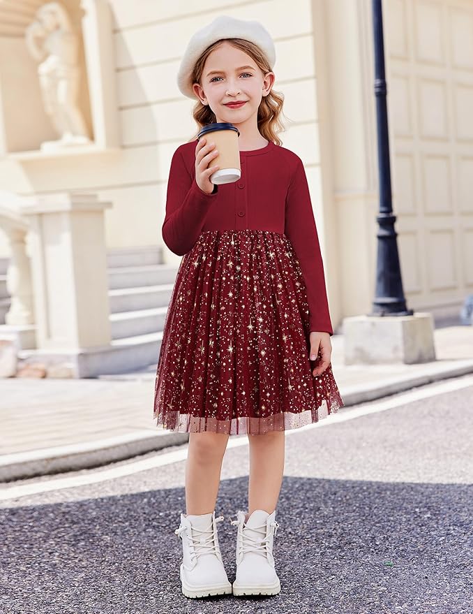 Arshiner Toddler Girls Tutu Dress Long Sleeve Fall Winter Button Front Party Tulle Dresses 2-8Y