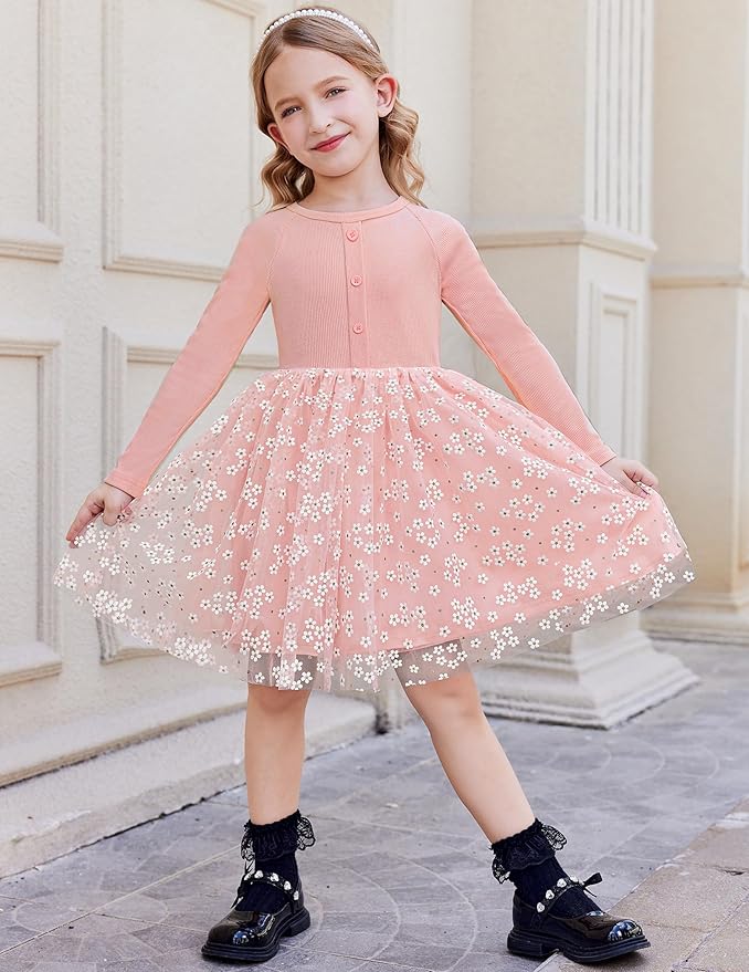 Arshiner Toddler Girls Tutu Dress Long Sleeve Fall Winter Button Front Party Tulle Dresses 2-8Y