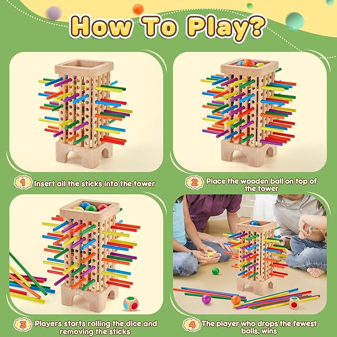 Montessori Game Wooden Board Game, 42 Colorful Wooden Sticks Dice Game Math Educational Toys for 3 4 5 6 Years Old, Fine Motor Skills Toys & Counting Toy Family Game Travel Toys Gifts for Kids