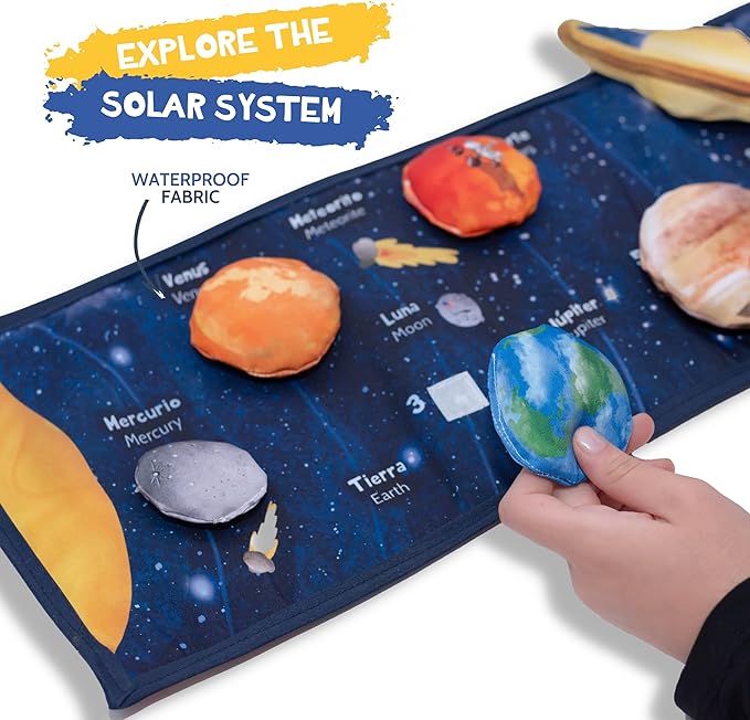 Solar System Cloth Book for 3 Year Old Toddler| Outer Space Fabric Book for Toddlers | Astronaut Plush Toy Included | Preschool and Early Learning | Carry on Travel Play and Learn Sensory Toys.