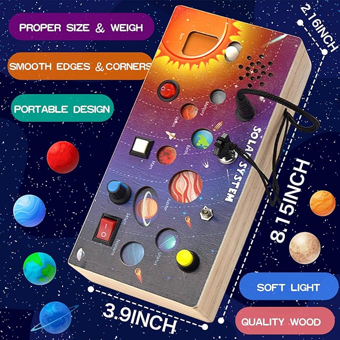 Montessori Wooden Busy Board with LED Light Switches, Toddler Busy Board Sensory Toys with Music, Preschool Learning Activities, Travel Toys, Christmas Birthday Gift for Kids Boys & Girls