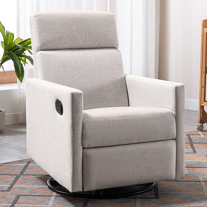 Merax Modern Modern Soft Linen Swivel Push Back Rocker Recliner w/Headsupport Adjustable Nursery Glider Chair for Living Room, Bedroom Tan