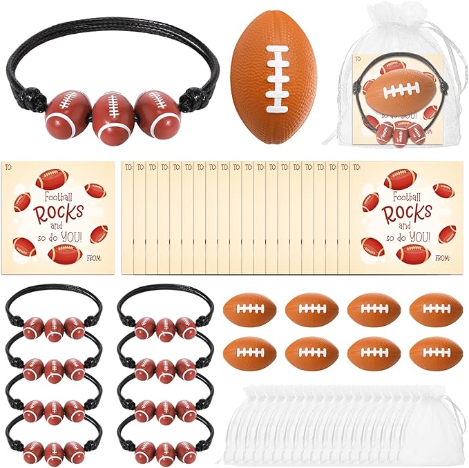 18 Sets Valentine's Day Football Gifts Mini Football Stress Balls Football Bracelets with Football Valentines Cards Football Team Gifts Party Favors for Valentine's Day Carnival Birthday