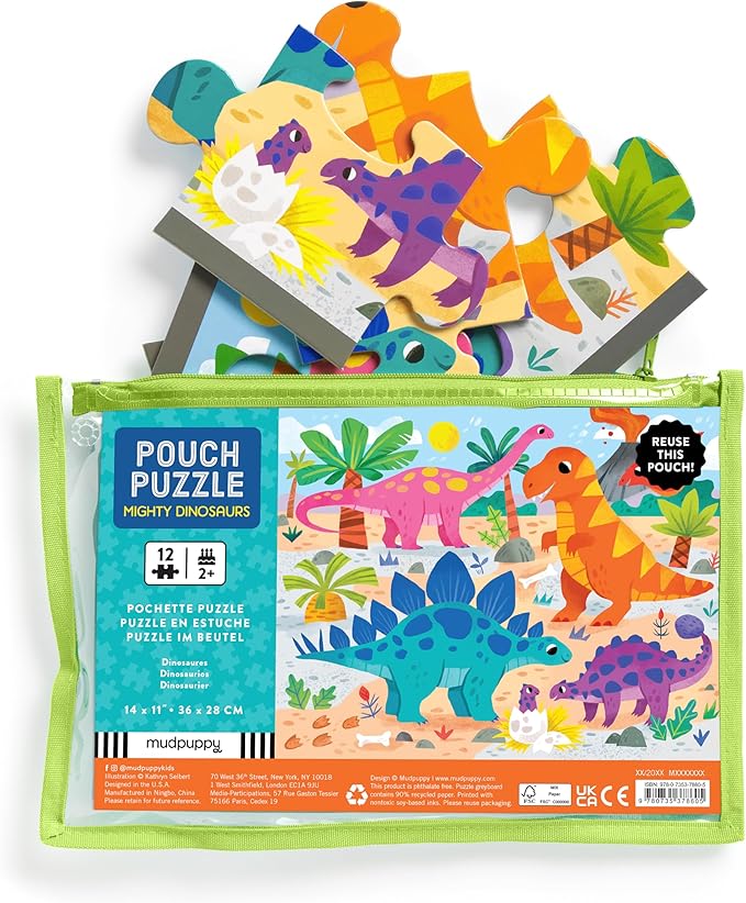 Mudpuppy Mighty Dinosaurs β 12 Piece Puzzle with Reusable Zipper Pouch Featuring Colorful and Fun Illustrations of Prehistoric Dinosaurs Perfect for Easy Storage and Travel