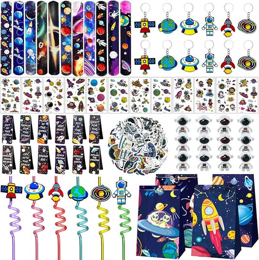 146 Pcs Space Party Favors Set with Space Straws Keychains Slap Bracelet Bookmark Tattoo Stickers Goodie Bags Space Party Supplies Outer Space Birthday Decorations