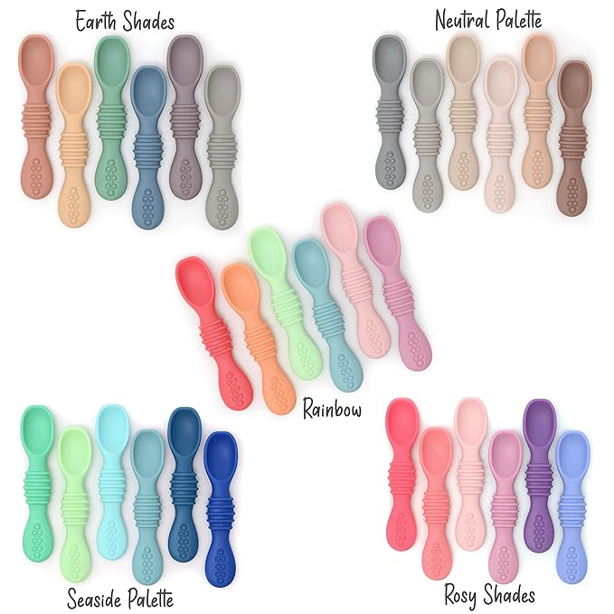 PrimaStella Silicone Chew Spoon 6-Piece Set | First Stage Feeding Spoons | Baby Led Weaning Supplies | BPA Free | Dishwasher and Boil Safe | Neutral Palette