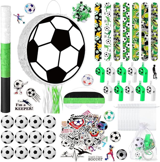 152 Pcs Ball Piñata Ball Party Supplies with Blindfold and Stick for Kids Birthday Party Decorations Foam Stress Balls Slap Bracelets Whistle Ball Favors for Boys Girls(Soccer)