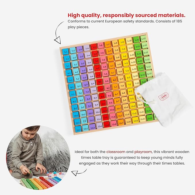 Bigjigs Toys, Multiplication Table Board Game, Wooden Toys, 1-12 Times Tables, Times Table Games for Kids, Number Games, Numbers for Kids, Educational Toys, Montessori Toys, Wooden Tray