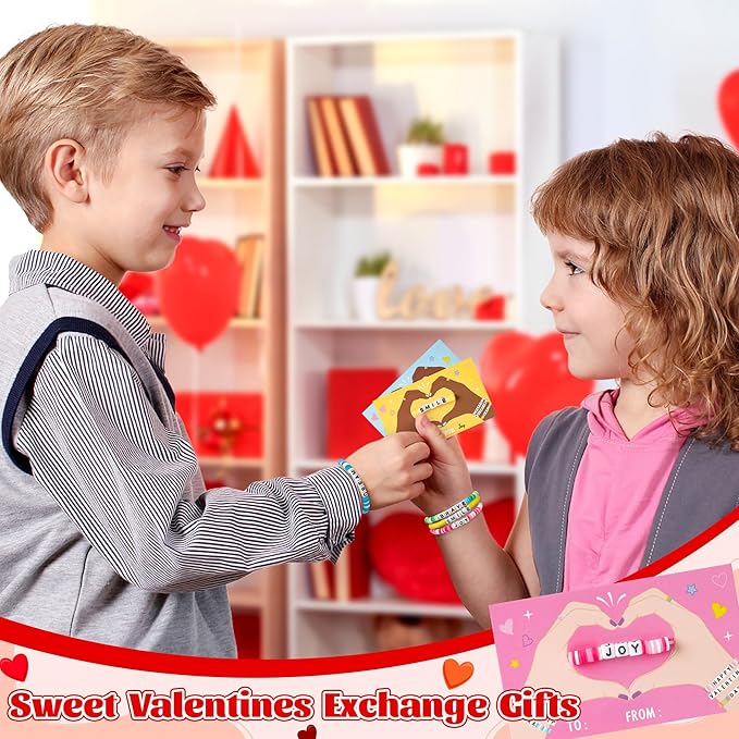 24 Pack Valentine’s Day Friendship Bracelets Card Gifts Set, Friendship Clay Beads Bracelet with Valentines Card Kids School Classroom Prizes Exchange Gift Valentines Party Favors Supplies