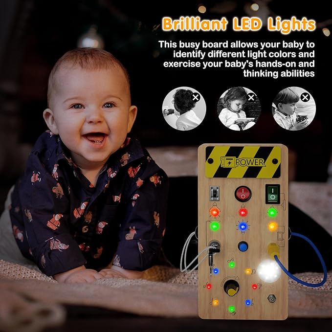Montessori Toddler Toys-Baby Wooden Busy Board-Sensory Toys with Light Switch-Baby Travel Toys-Preschool Educational Learning Activities Toys-Gifts for Boys Girls Ages 1 2 3 4+ Year Old