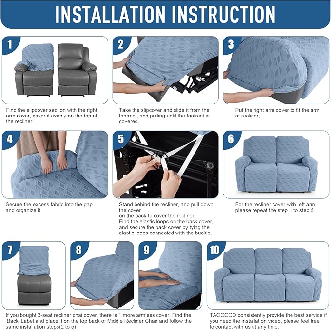 TAOCOCO Recliner Sofa Covers Stretch Reclining Couch Cover, Jacquard Recliner Couch Cover for 3 Seat Furniture Protector Sofa Slipcovers with Elastic Bottom for Kids, Pets (Light Blue)
