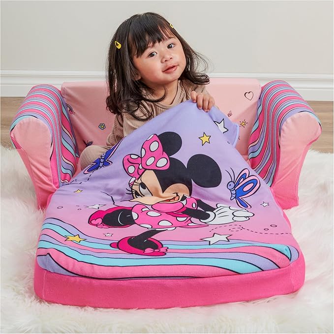 MARSHMALLOW Furniture, Minnie Mouse 3-in-1 Slumber Sofa Baby Lounger, Convertible Kids Couch, Sofa Bed & Foam Toddler Nap Mat with Attached Blanket