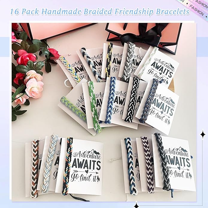 16 Set Friendship Bracelet Party Favors Braided Friendship Bracelets with Cards Adjustable Woven Friendship Bracelets Handmade Braided Bracelet for Teens Adults Camping Party Favors