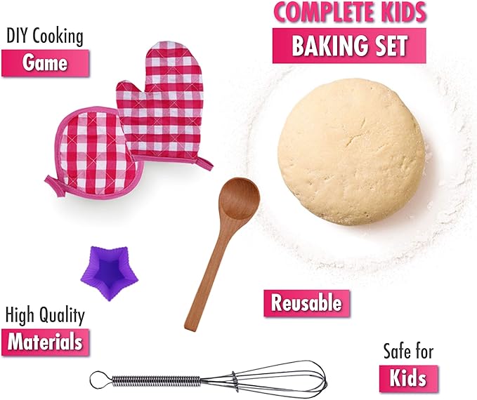 Kids Baking Set Cooking Apron - 13 Piece Children Kitchen Bake Playset Accessories for Girls Includes Chef Hat, Apron, Cupcake Mold, Measuring Spoons, Oven Glove, Mitt, Play Whisk Spoon