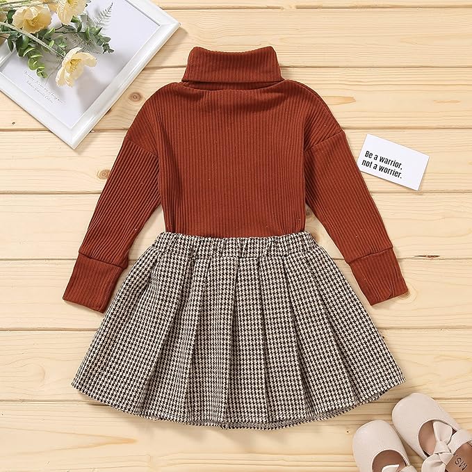 Fernvia Toddler Baby Girl Fall Winter Skirt Set Turtleneck Ribbed Long Sleeve T-Shirt Top & Plaid Skirts Dress 2Pcs Outfits