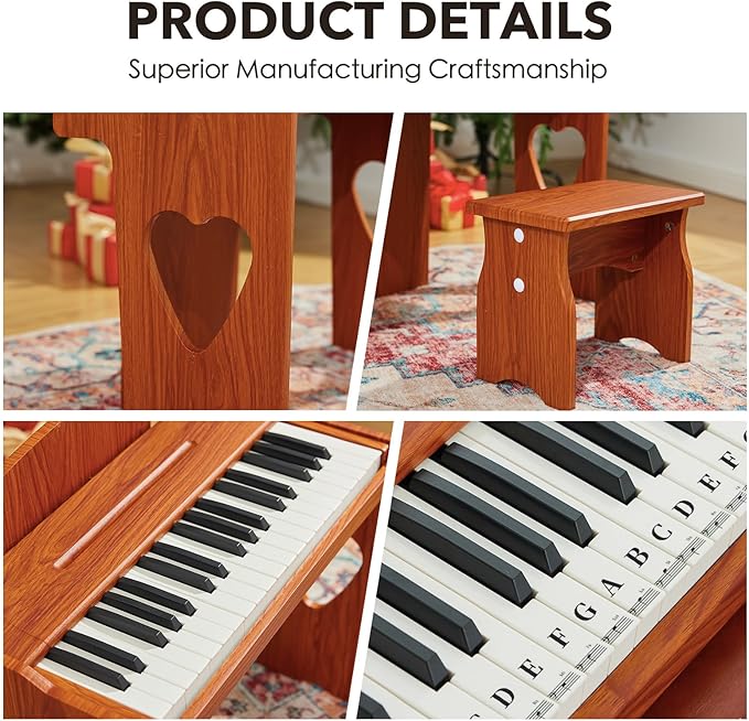 Kids Piano Keyboard, 37 Keys Digital Piano for Children, Toddler Music Educational Instrument Toy Wood Piano for 2+ Girls and Boys (brown)