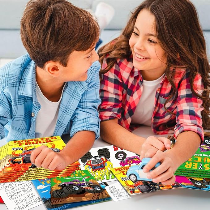 142Pcs Monster Trucks Party Favors for Toddlers Kids 4-8 Truck Car Toys Coloring Books with Crayons Bulk Birthday Supplies Tattoo Stickers Stamper Bracelets Keychain School Classroom Gift Goodie Bags