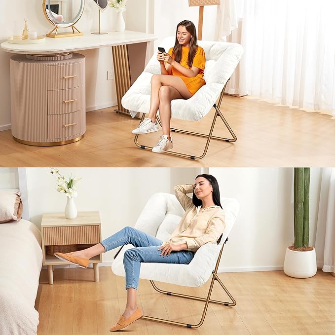 Comfy Saucer Chair, Foldable Living Room Chairs, Soft Faux Fur Lounge Chair for Bedroom, Reading Chairs for Adults, Kids, X-Large (White)