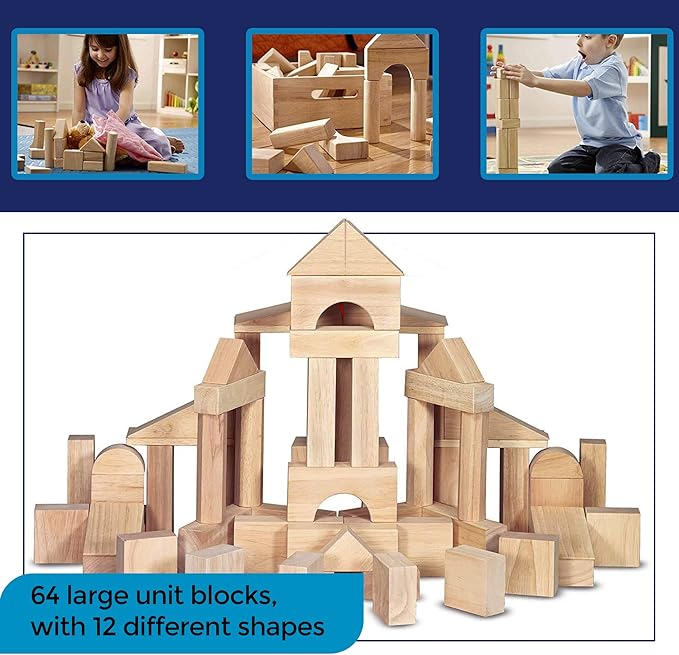 Standard Unit Building Blocks for Toddlers with Storage Tray (64 Pcs) Sanded Wood Blocks for Children, Original STEAM, and STEM Learning, Classic Wooden Toys for Kids Parties and Classrooms