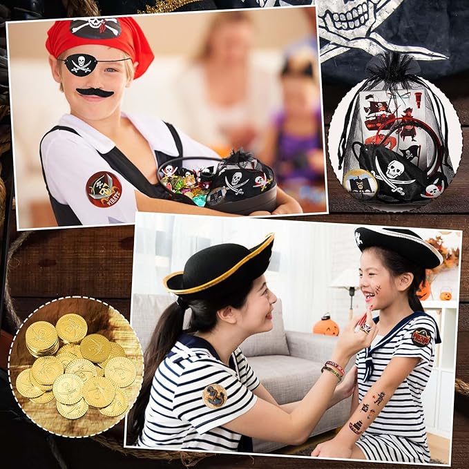 144 Pcs Pirate Party Favors Supplies Include Pirate Bracelet Nautical Tattoo Button Pin Eye Patch Gold Coin Gem Ring Mustache Organza Bag for Kids Boy Pirate Birthday Party Goodie Bag Fillers
